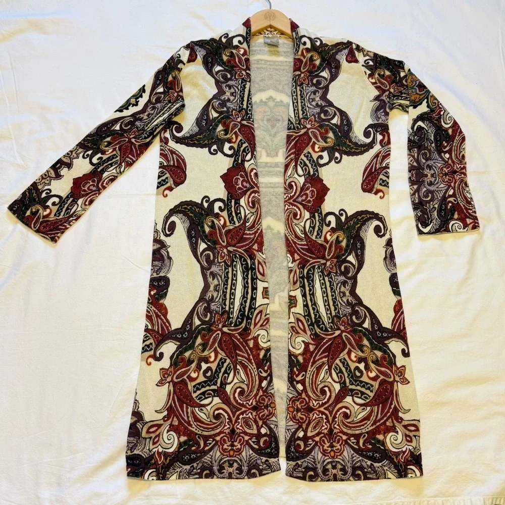 Chico’s Paisley Open Front Cardigan Women’s Size 0 Multicolor Boho Knit Sweater - Picture 4 of 10